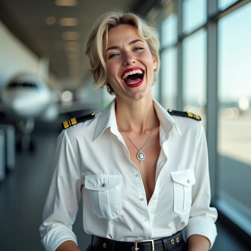 white norvegian pilot lady, in white deep-necked pilot shirt, laughing with her mouth open, red lipstick accentuating her smile,belt on waist, big wide hips, chest are fully grown, jewerly, short hair, HD, enjoying at airport , photo-realism