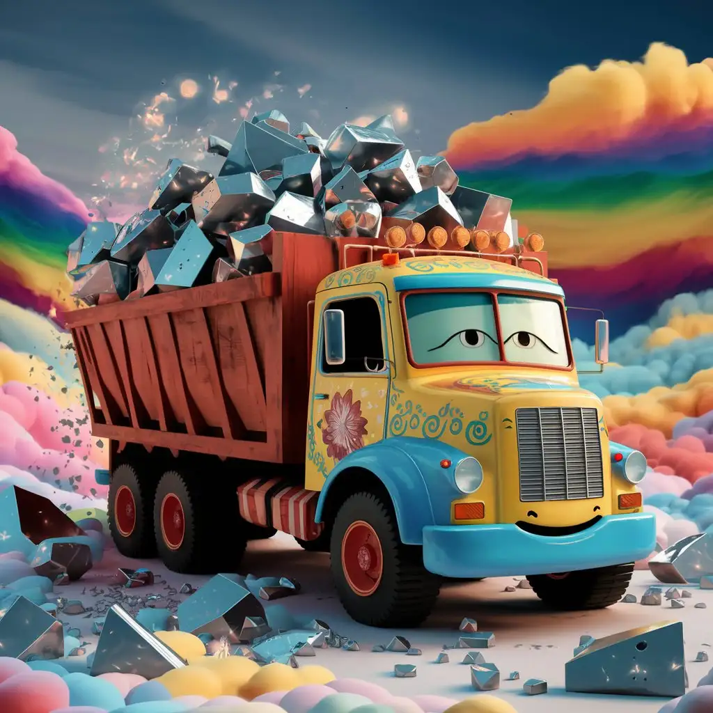 Cartoon-Truck-Carries-Pieces-of-Iron-3D