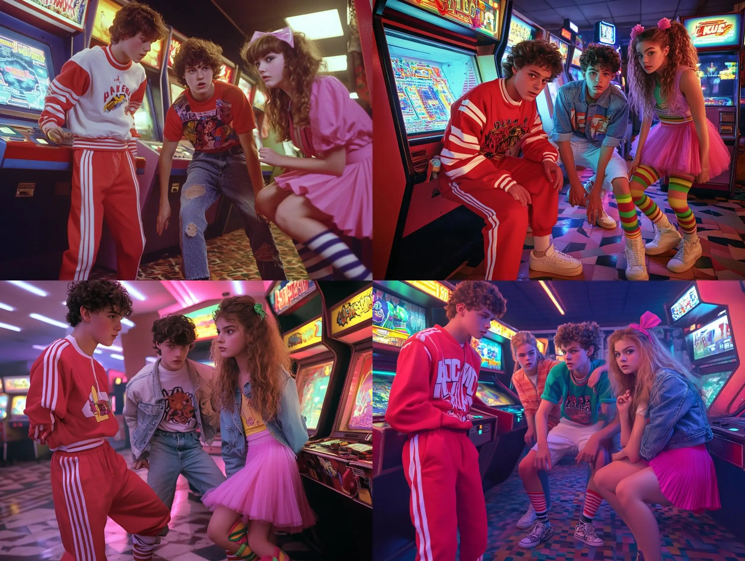 Group-of-Teenagers-Playing-Retro-Arcade-Games-in-1980s-NeonLit-Arcade