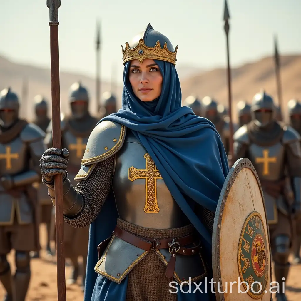 A beautiful German female knight, the queen of the Kingdom of Jerusalem, dressed in a long blue cloak, plate gloves, plate boots, balaclava, helmet with a golden crown, in her right hand a combat spear, a sword in a beautiful golden scabbard hangs on her belt, in her left hand a shield with a painted Jerusalem cross, on the woman's chest a Jerusalem cross embroidered with gold threads, in full growth, in the desert a female knight-queen is surrounded by enemy soldiers - Saracens, dressed in heavy armor: chain mail, wide pants, leather boots, gloves, turbans, the Saracens are armed with curved sabers, the queen was captured by the Saracens