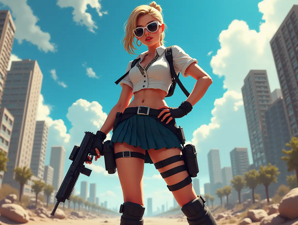 Wide-angle digital painting, (Beautiful woman in stylish school uniform, midriff showing, short skirt, combat boots, and sunglasses: 1.3), Triangular composition, Dynamic full-length pose, Confident expression, (Armed mercenary: 1.3), Gun grip, Supporting pose, City background, Skyscrapers in the distance, (Bright sunlight: 1.2), Sharp contrasts, Bold colors, Clear details. female mercenary in cool cyberpunk style in colorful fantasy style, realism, post-apocalyptic landscape, cartel, bald rod, oil painting, rod Nostalgia, strong emotions, low angle, high detail, sharp focus