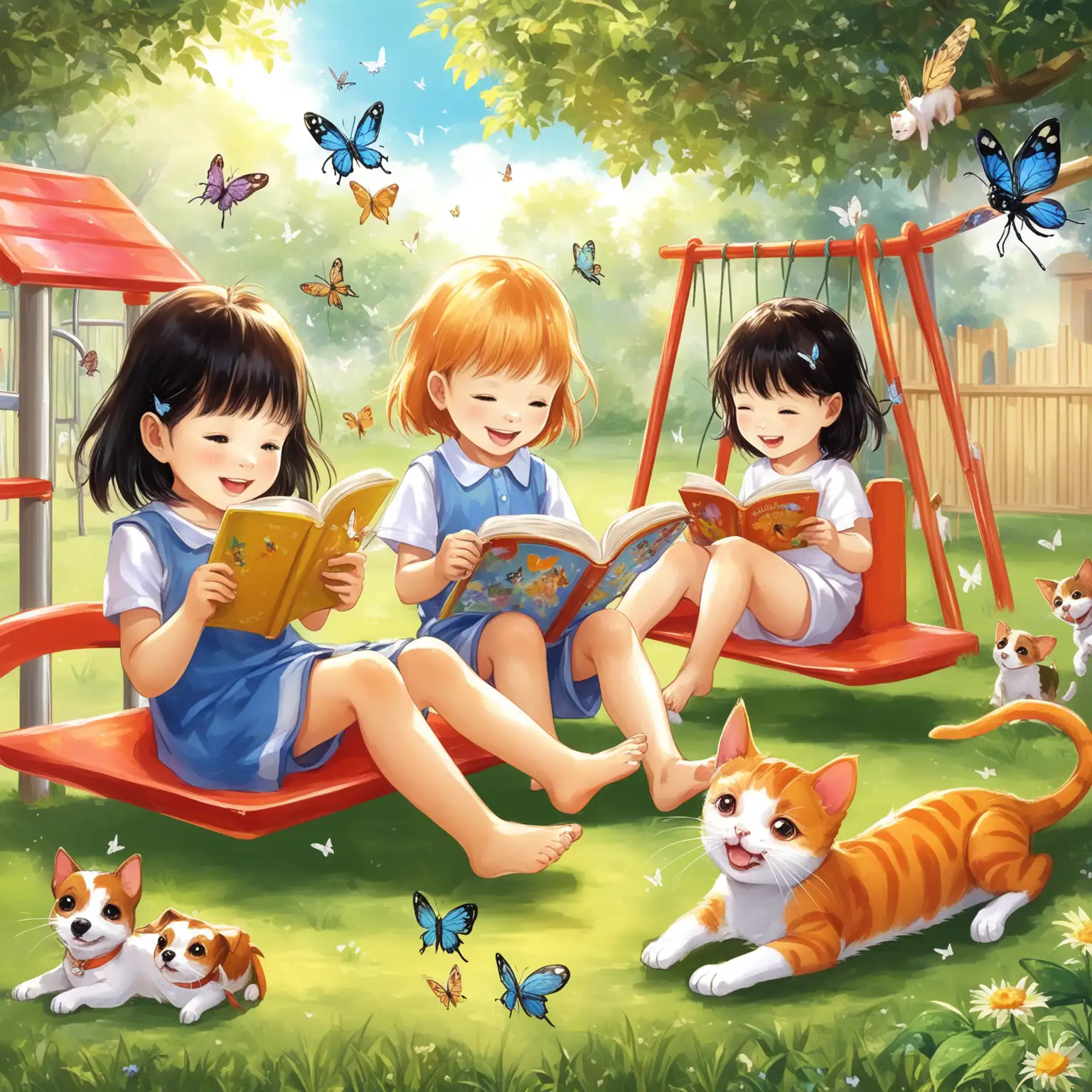 The joyful children in the playground("summer")
儿童看书，里面有蜻蜓和蝴蝶🦋，还有小狗和小猫🐱在玩