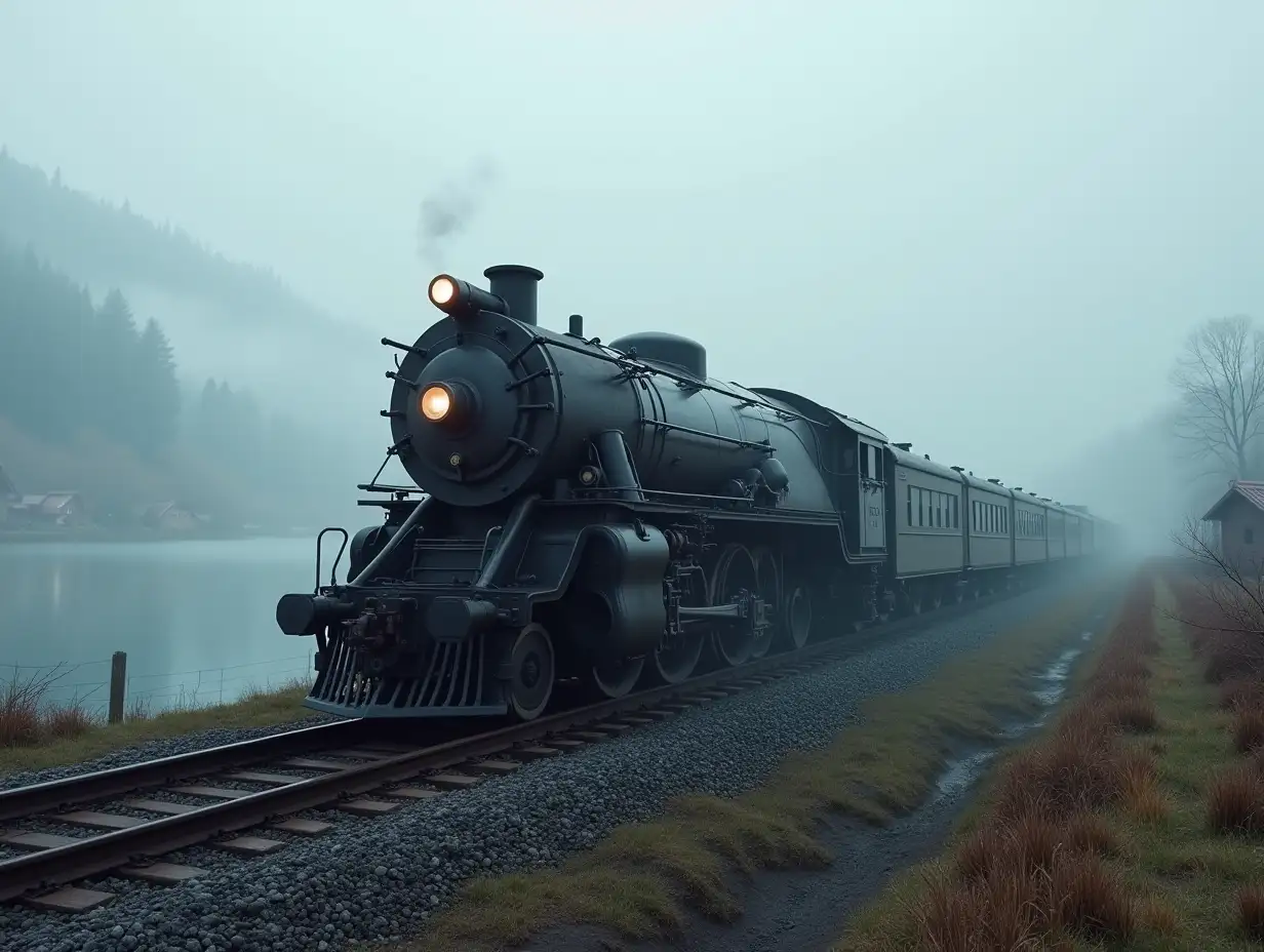 Create a high-resolution realistic image in 4k resolution: a futuristic black and white locomotive on tracks with a lake and houses on the side, set against a cloudy sky with fog