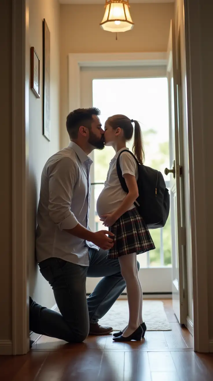 a man is kneeling in the foyer of his house next to the front door, kissing his slender young daughter as she leaves for school. the man is wearing slacks and a dress shirt. daughter is wearing a school uniform including a backpack, a short pleated plaid skirt, thigh high stockings, and a tight white button down blouse over a pregnant belly.