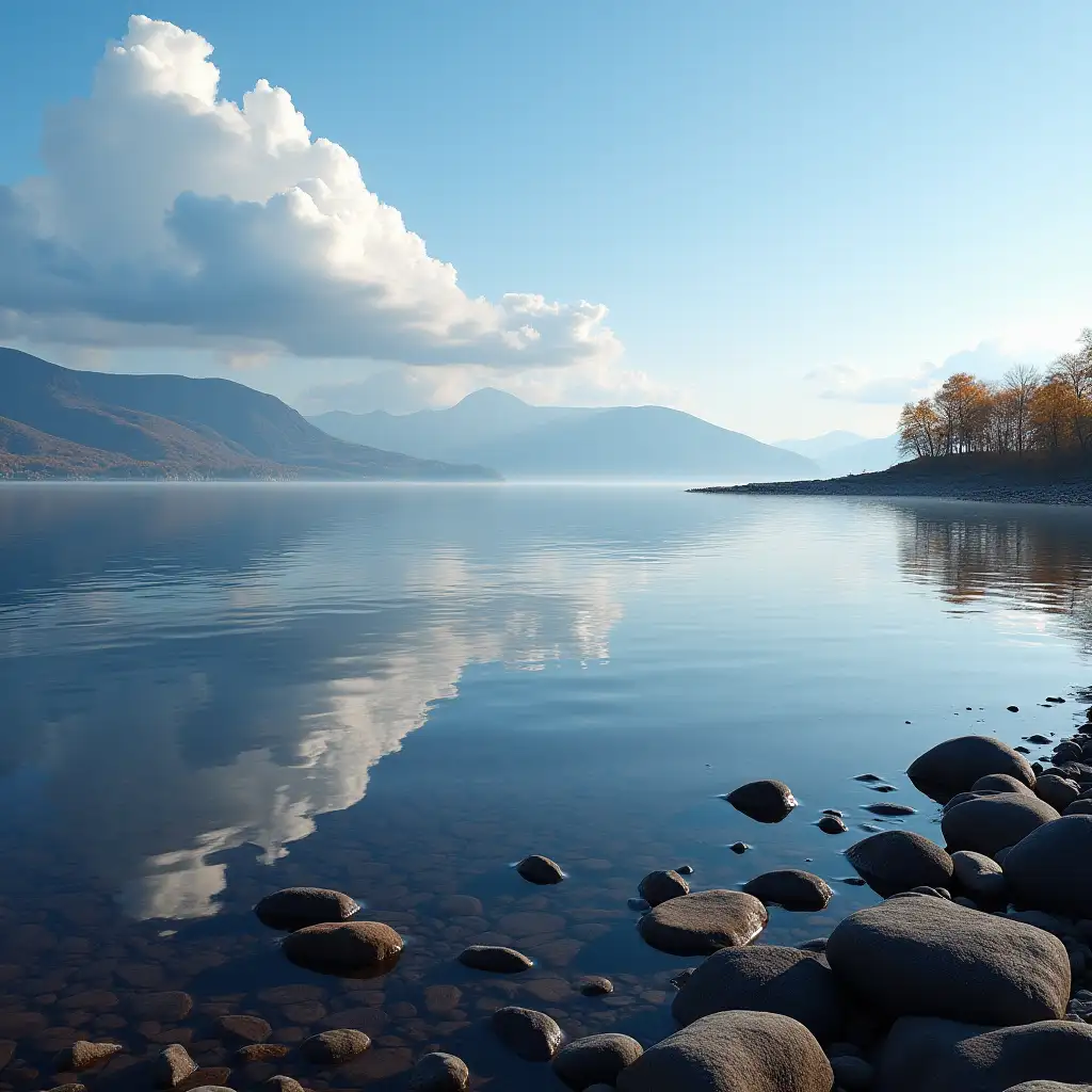 Autumn-Landscape-with-Lake-Hills-and-Reflective-Clouds