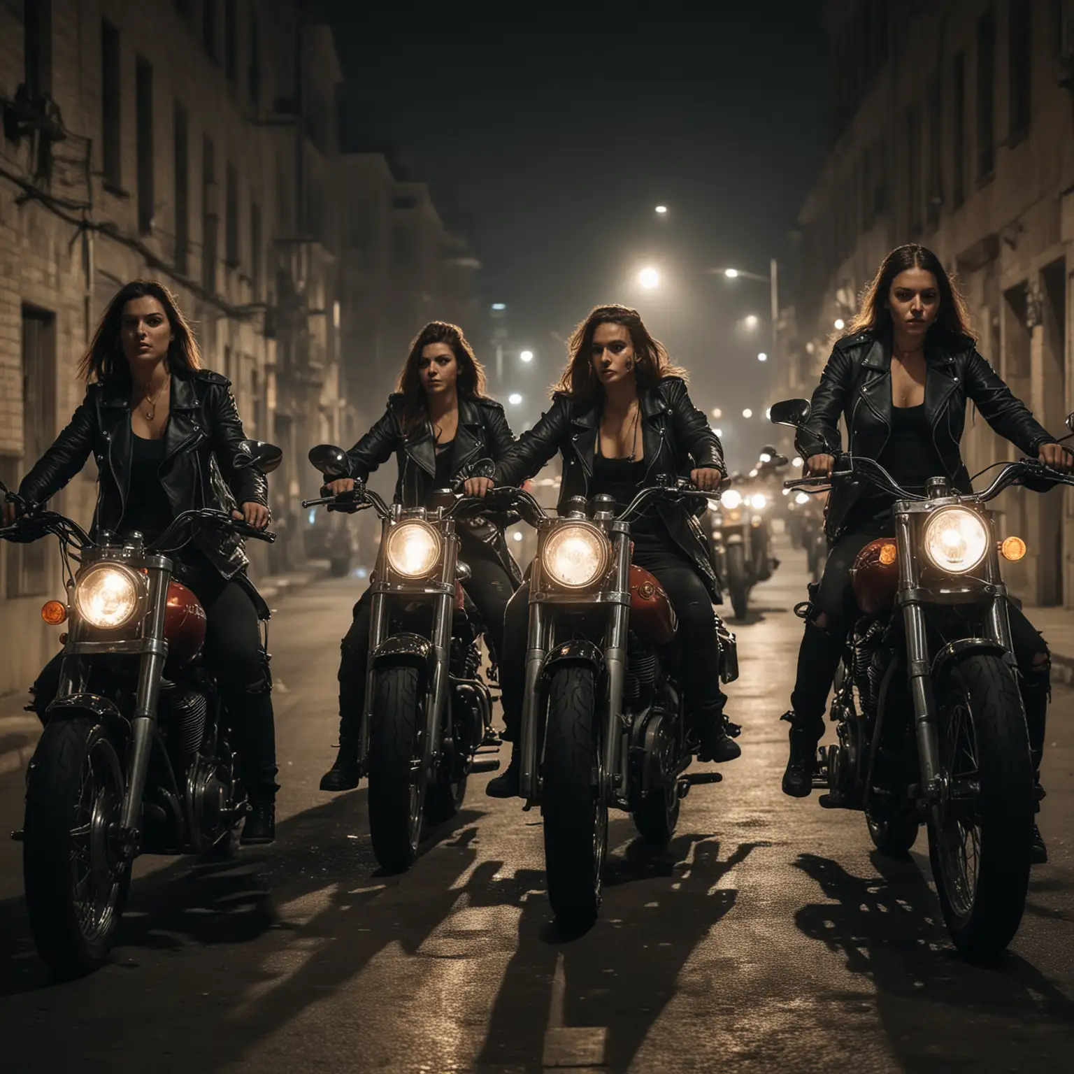 On a dark night, a gang of female bikers rides on motorcycles in the city