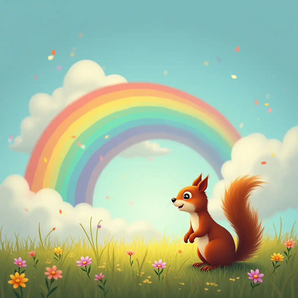 Joyful-Squirrel-Observing-a-Vibrant-Rainbow-in-the-Sky