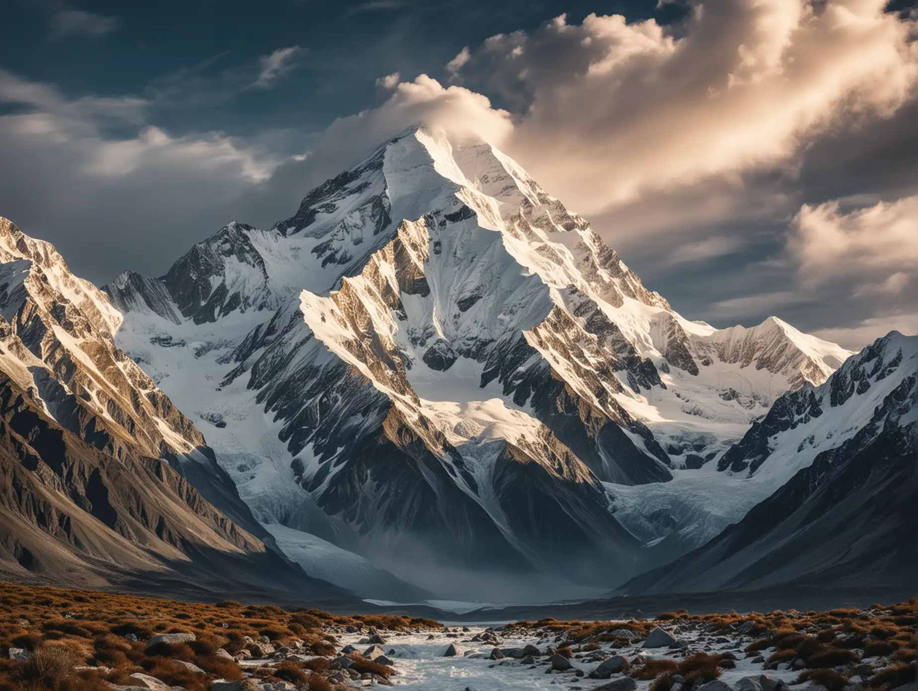 An awe-inspiring view of Mount Cook (Aoraki), the tallest peak in New Zealand, standing majestically under a sky filled with swirling clouds. The steep, snow-capped summit rises above the surrounding landscape, symbolizing the spiritual ascent towards divine presence. The scene is imbued with a sense of reverence and mystery, capturing the grandeur and challenge of the ascent. The image is created in an ink landscape style reminiscent of Chan Jailing, captured with a super wide lens, large depth of field, rich and vivid colors, 8k resolution, and composition.