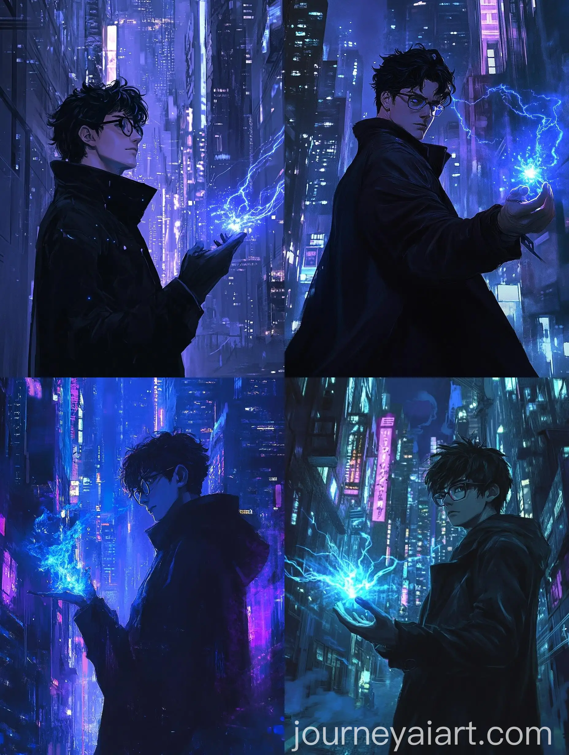 Futuristic-Night-Scene-with-Magicwielding-Figure-in-Urban-Cityscape