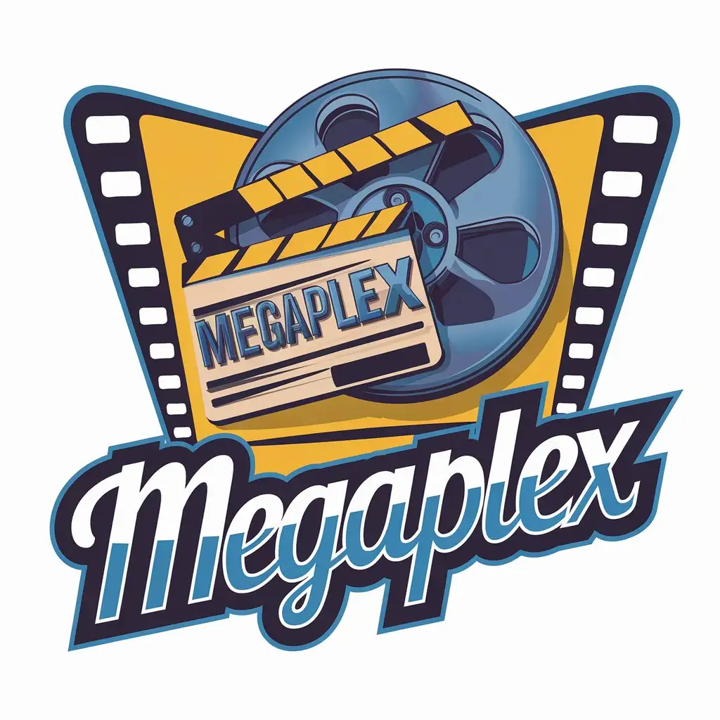 LOGO Design for Megaplex Movies Theme with Vibrant Blue Yellow Colors