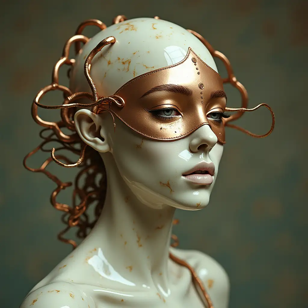 A beautiful vintage photography in the style of Giger, featuring surrealism with many female faces made from gold and white glossy marble parts, glossy skin, a copper mask covering half their face, copper barbwires, beautiful sculpted body, full body shot, inside a weirdcore hermobox camera, hyper-realistic detail. —ar 2:3 —v 6.1