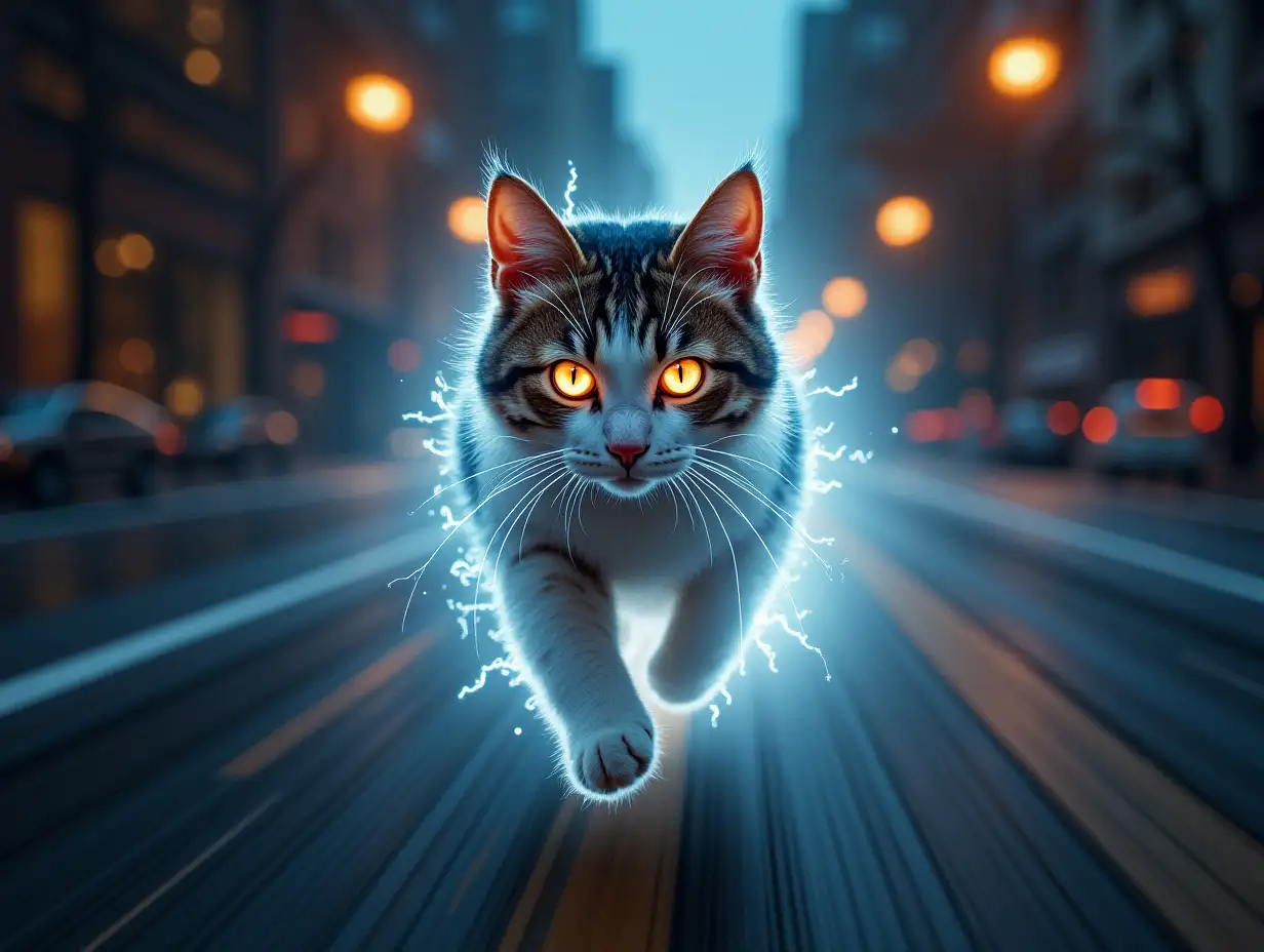 The cat on the screen, running quickly toward the camera, white electric light coming out of his eyes, and then his whole body is surrounded by electric light, running faster and faster, the scenery on both sides of the fast flying backward, dynamic blurring to form a space-time tunnel