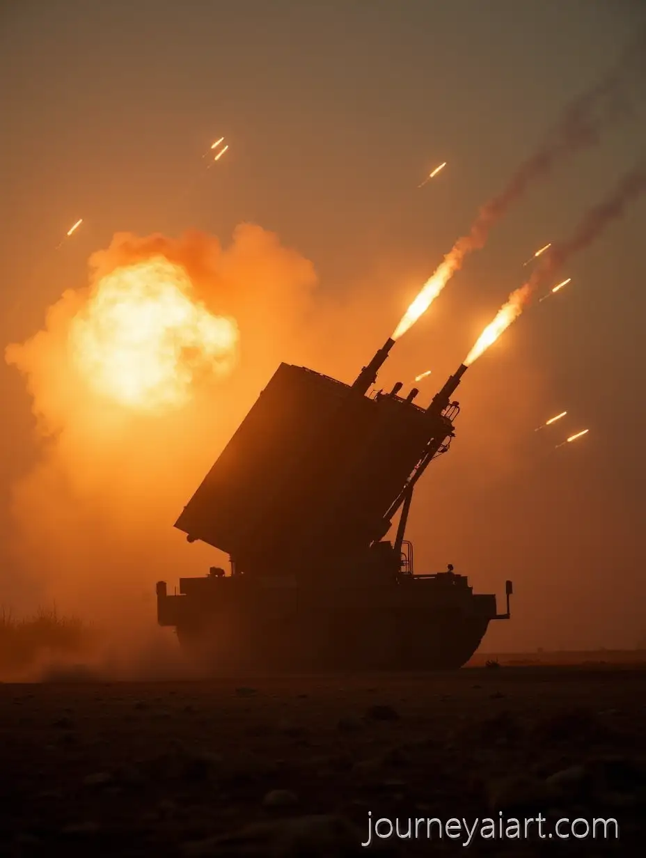 SovSoviet-BM21-Grad-Firingiet-BM21-Grad-Rocket-Launcher-Firing-on-a-Smoky-Battlefield-at-Sunset