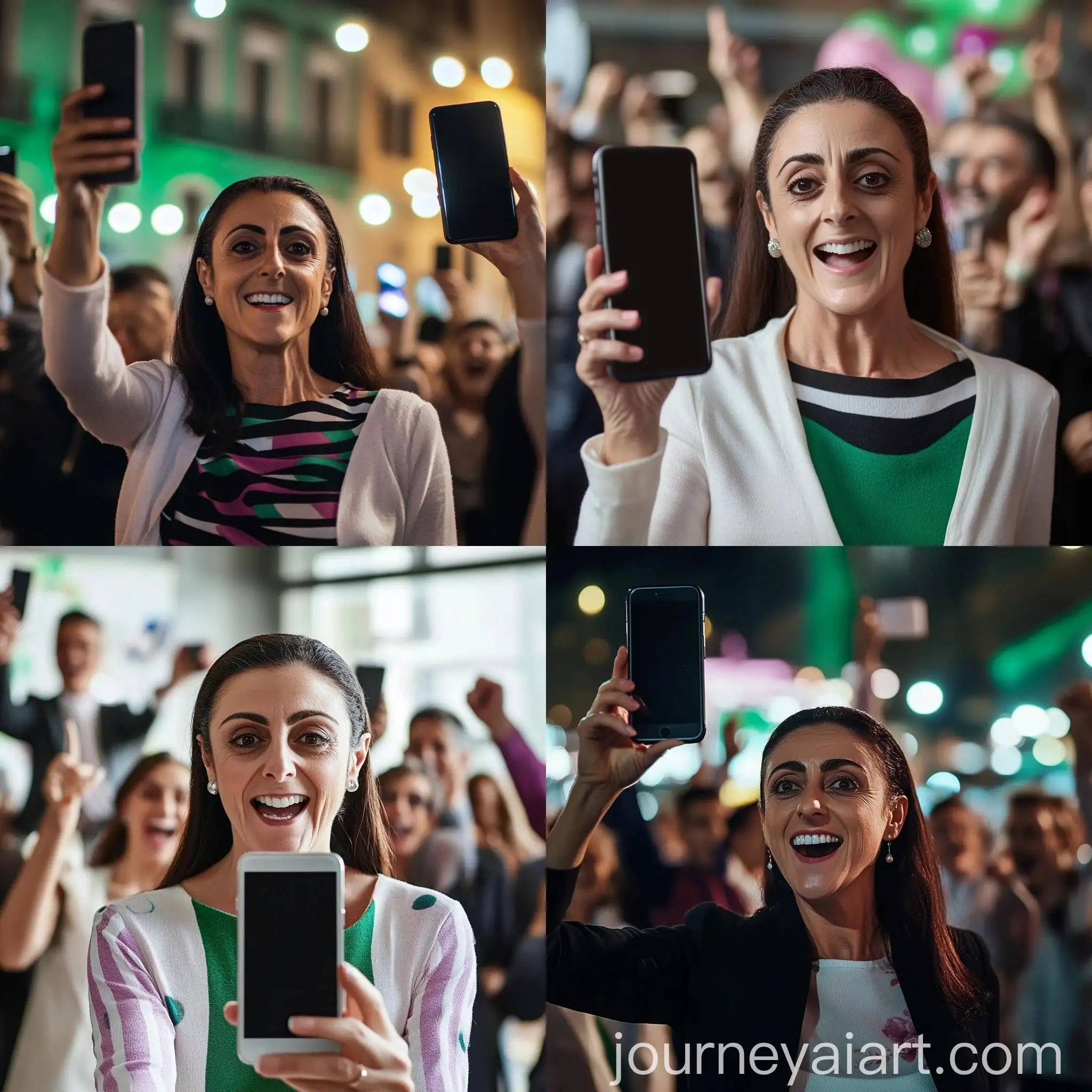 Joyful-Woman-Showing-Phone-Screen-at-Celebration