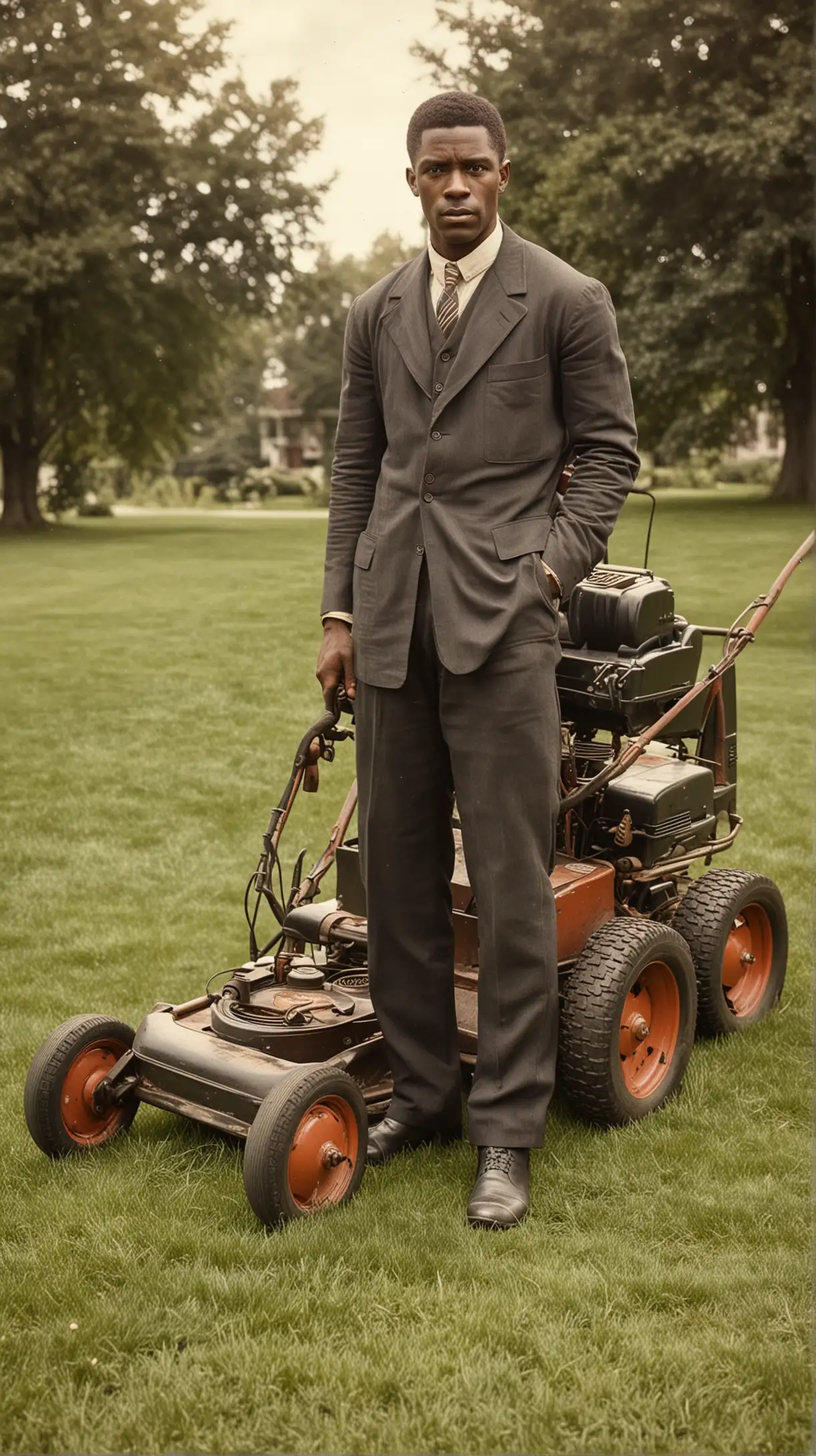 1900s Handsome Black Man Mowing Lawn in CleanCut Style