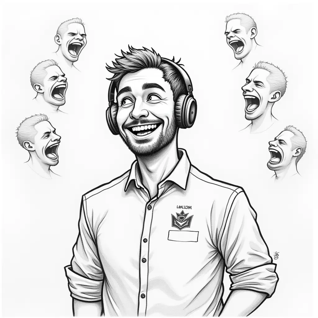 eSports team manager, They shout at him from all sides, but he smiles, pencil drawing, white background