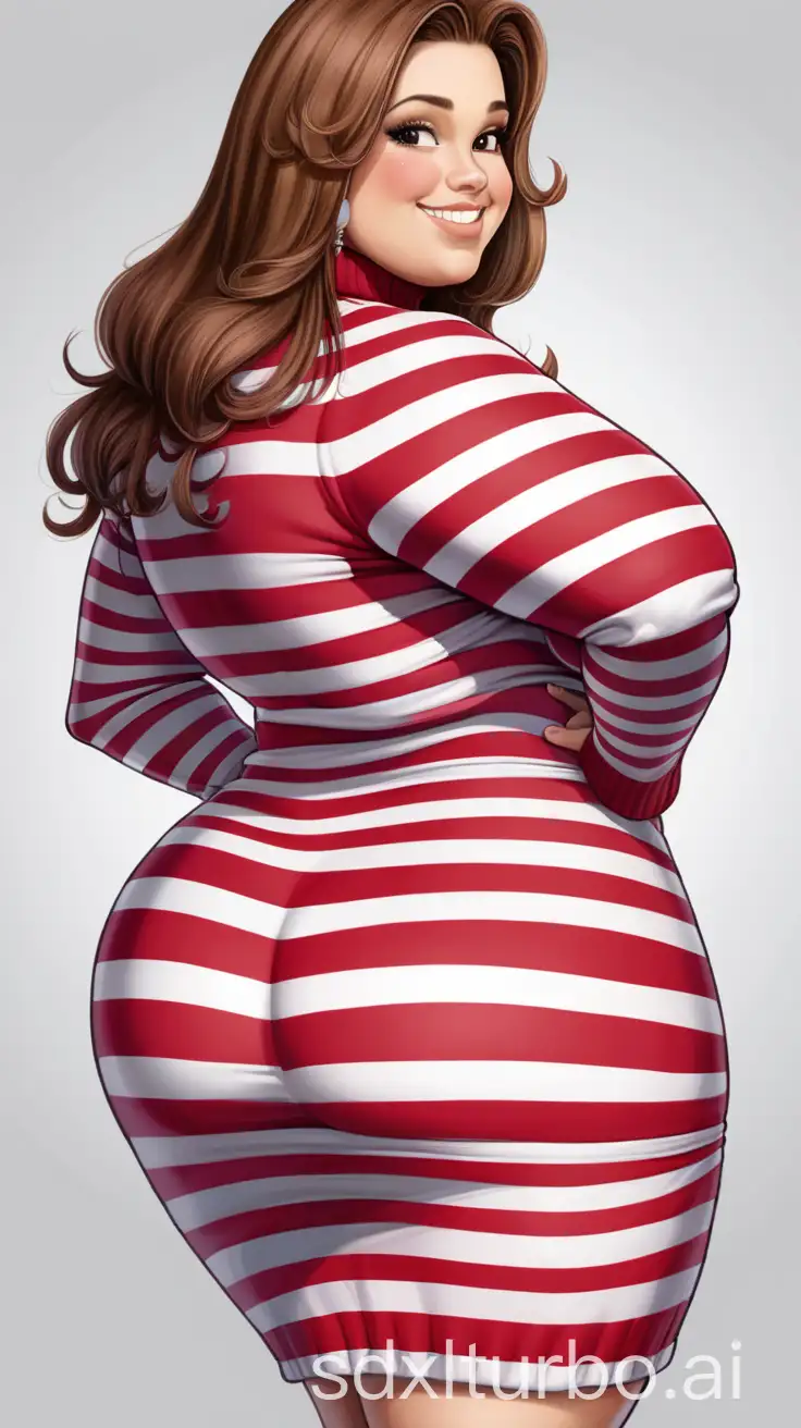 A curvy, voluptuous, beautiful, young, obese Costa Rican woman stands in her red striped sweater-dress. Her bosom is enormous. Her hips are wide. Her bottom is enormous. Back view. Her triple-chin is prominent. Her muffin-top is prominent. She has two pairs of soft, thick love-handles. She is shy with a beautiful smile.