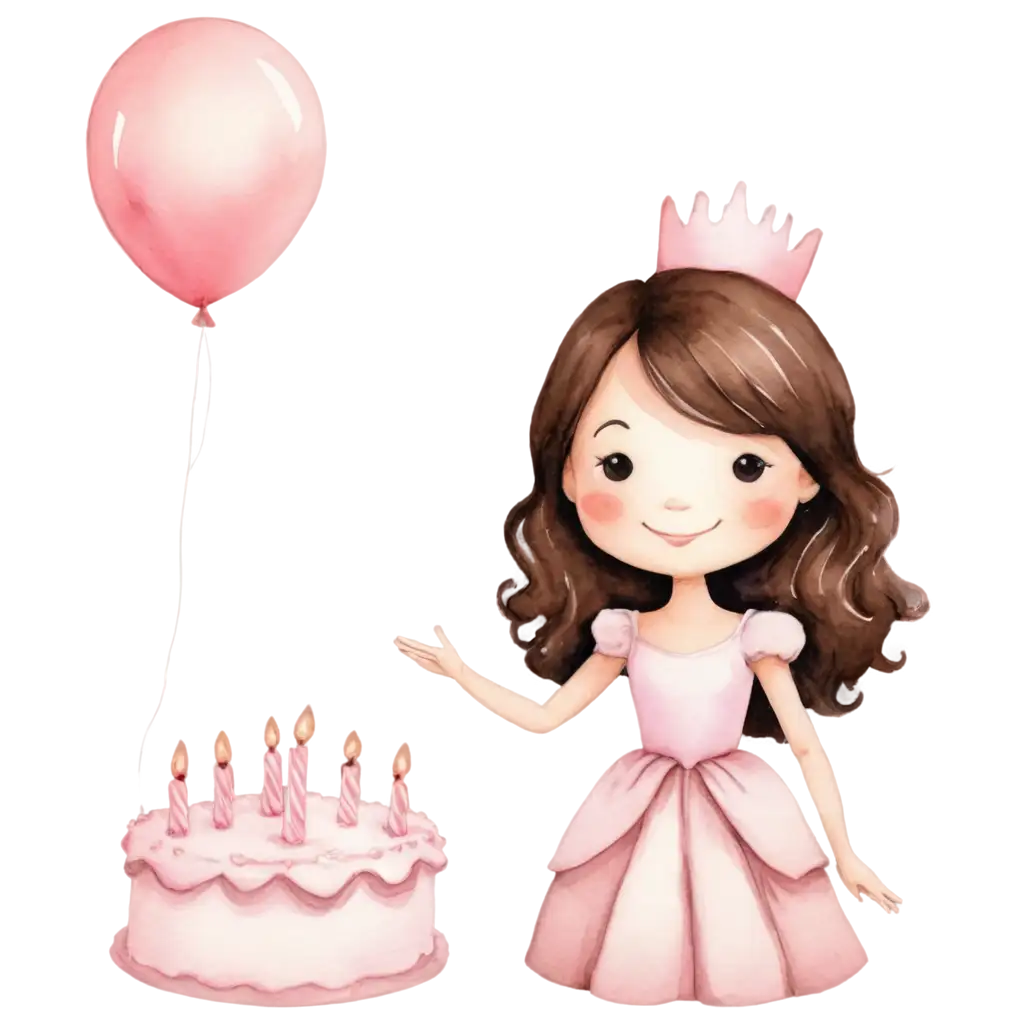 Princess-in-Pastel-Pink-with-Dark-Brown-Hair-Watercolor-PNG-Happy-Birthday-Image