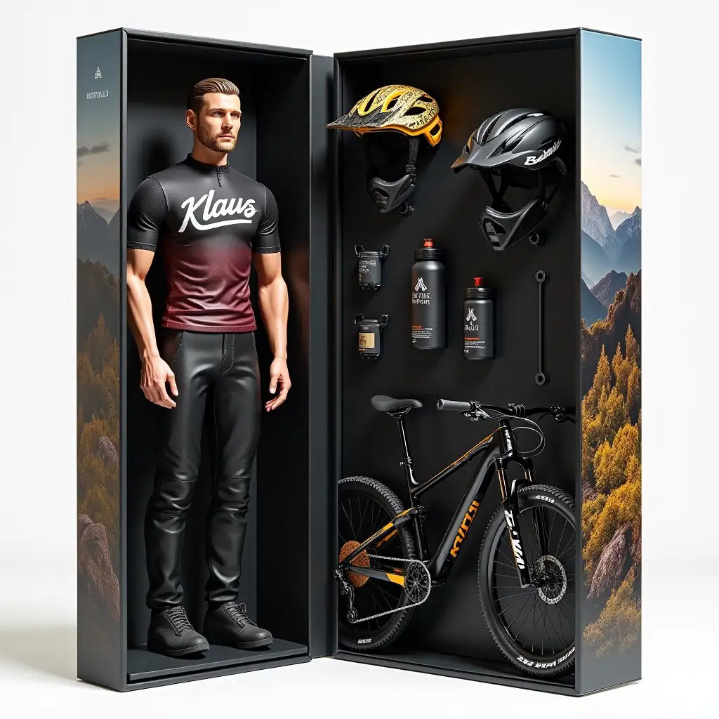 Generate a realistic image of an action figure in modern packaging. The packaging should clearly display 'Klaus'. Use the attached photos as reference for the face and body shape of the figurine. The figurine is wearing black mountain bike pants and a black-red MTB jersey. The packaging contains visible accessories like a black mountain bike helmet with a golden pattern, a black Carbon Rotwild MTB, and a water bottle. The packaging design should be stylish and modern, featuring an image of the Dolomites. The presentation should be high quality, detailed, and toy-like.