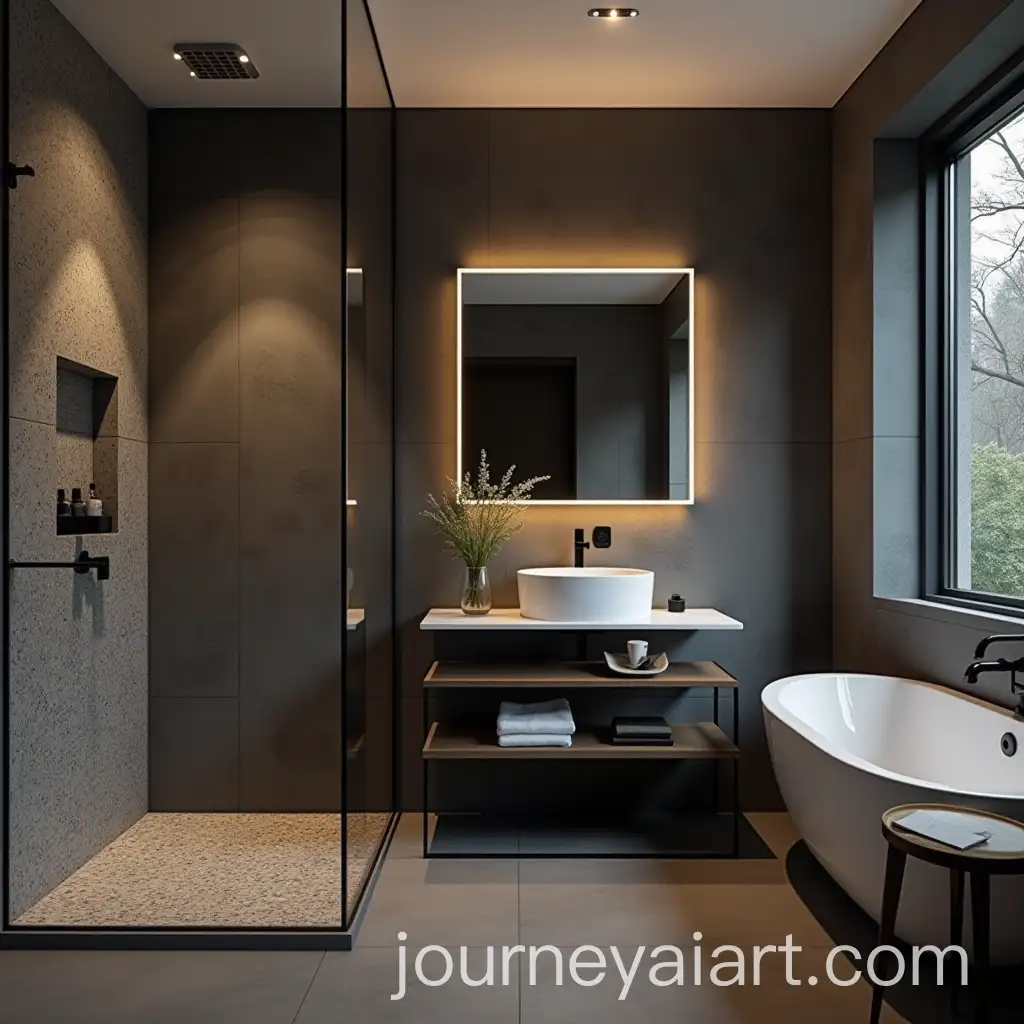 Modern-DarkToned-Bathroom-with-WalkIn-Shower-and-Floating-Vanity