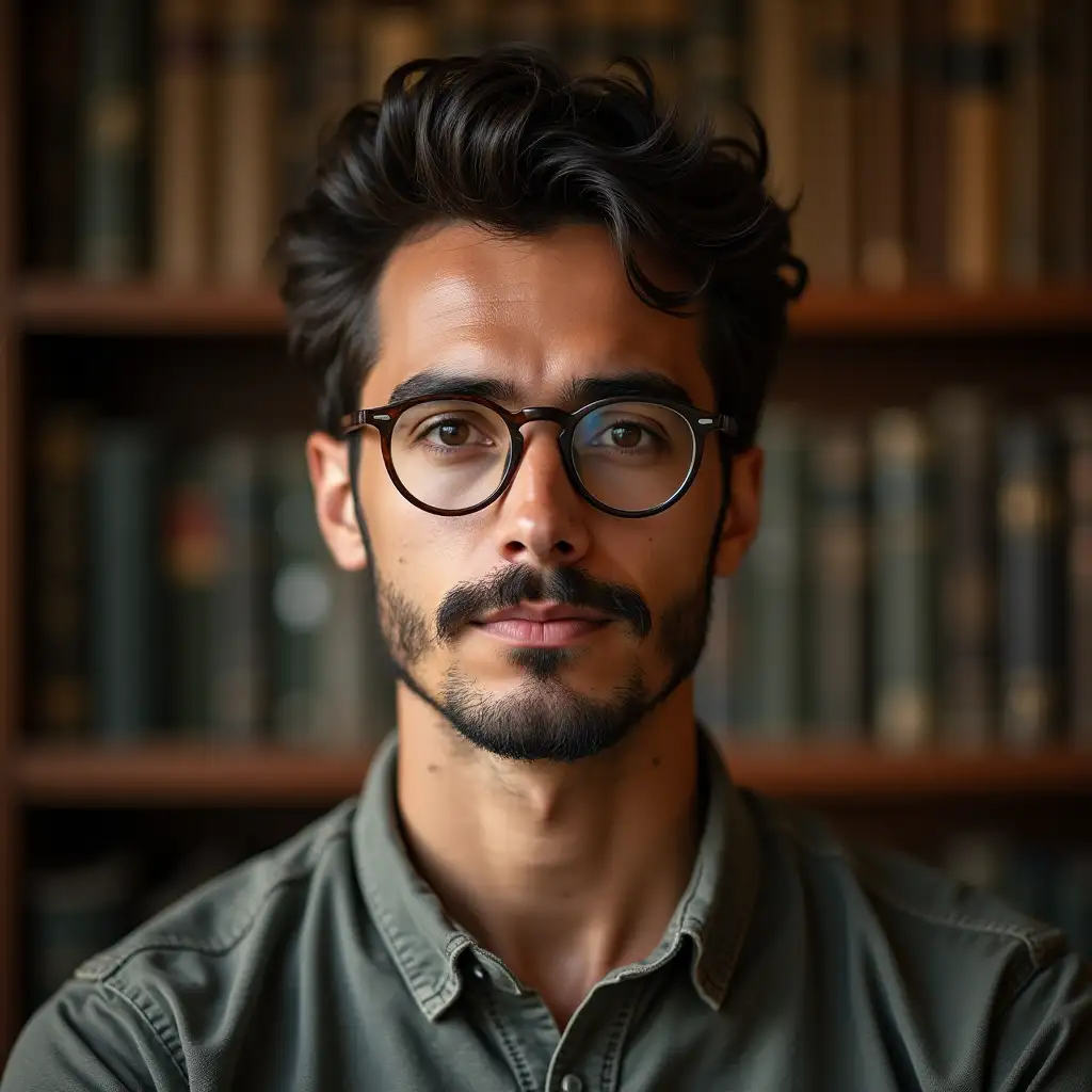 University researcher with tuscan gardens or library academic background. centered in frame. Close-up view showing head and upper torso. Realistic photographic style. Natural professional front light like a professional photo in a studio. Italian young audult man with strong Italian features, dandy attitude, round glasses, mustache, serious.