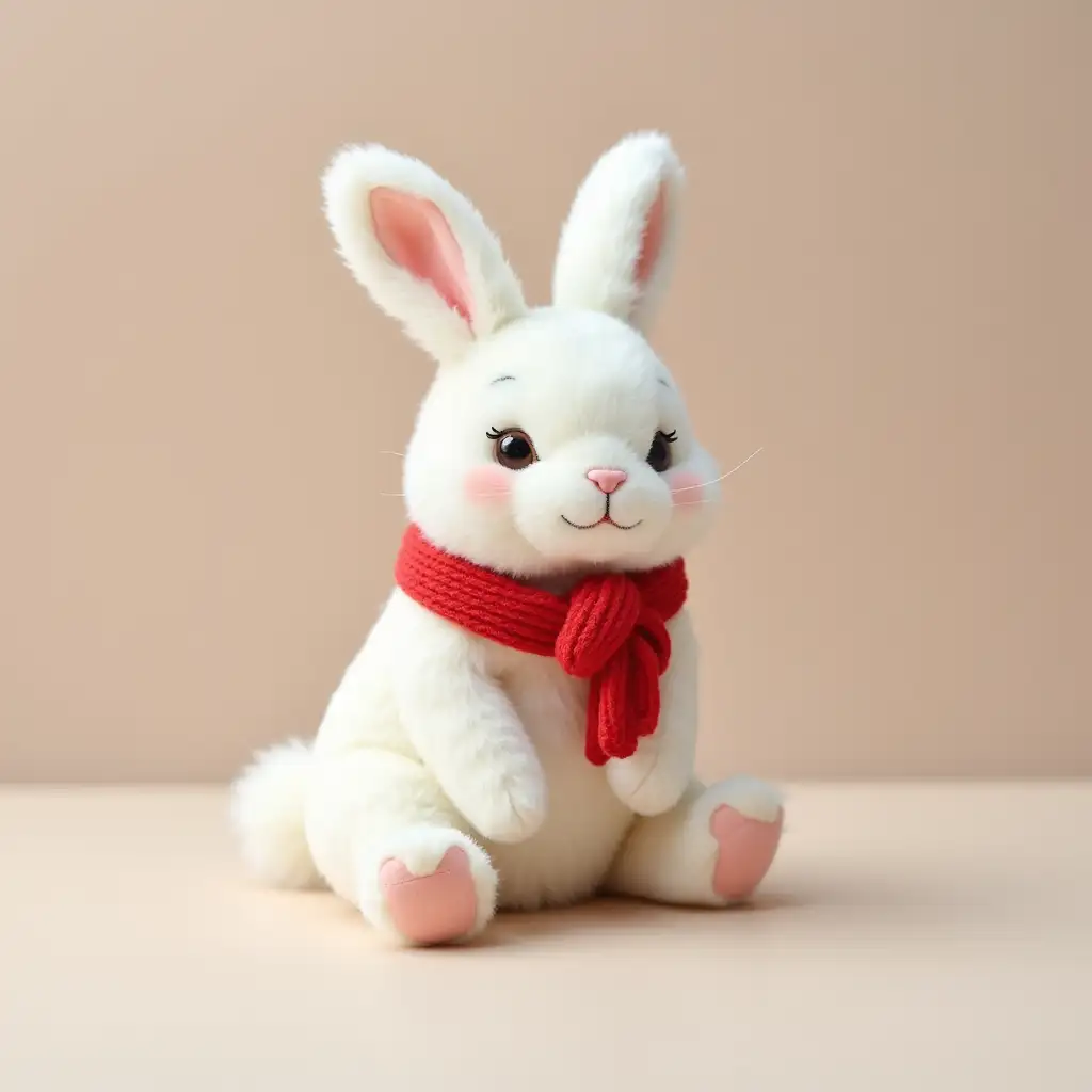 a small white bunny wearing a red scarf sitting down, plush fabric body, short fur, detailed product image, bunny, happy expression, sitting posture, cute style, big ears, brown eyes, pink nose, white fur, soft paws, fluffy tail, jellycat style, gradient background, cozy setting