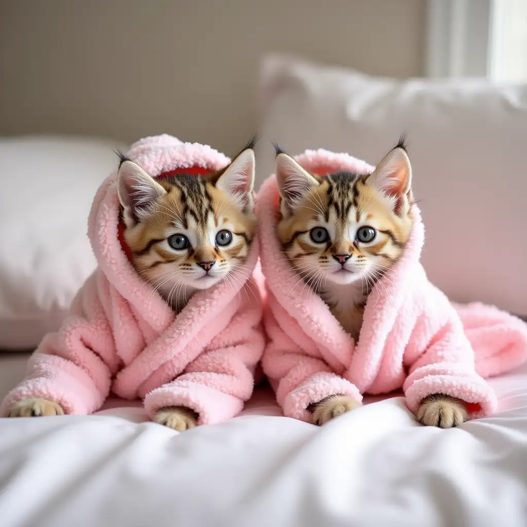 Two-Kittens-in-Pink-Fluffy-Bathrobes-Snuggled-in-Bed