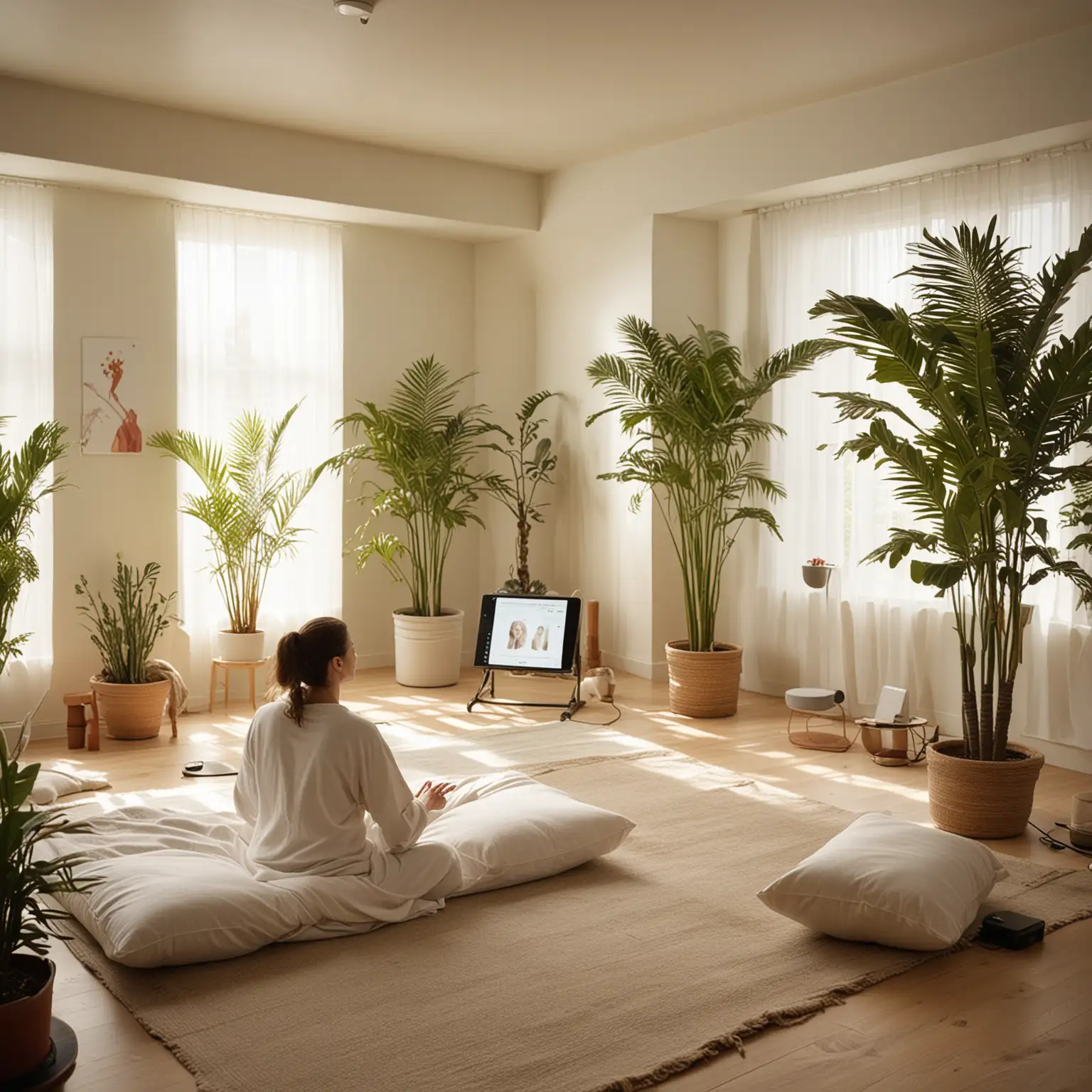 Therapist Using Quantum Analysis Device in Bright Wellness Room with Sony Camera