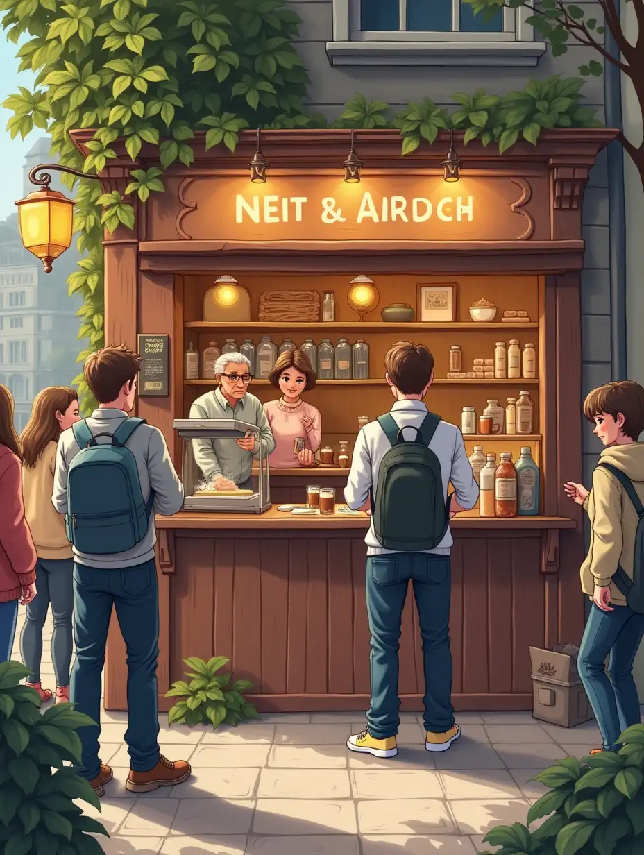 A small coffee shop is bustling with people buying like a cartoon character.