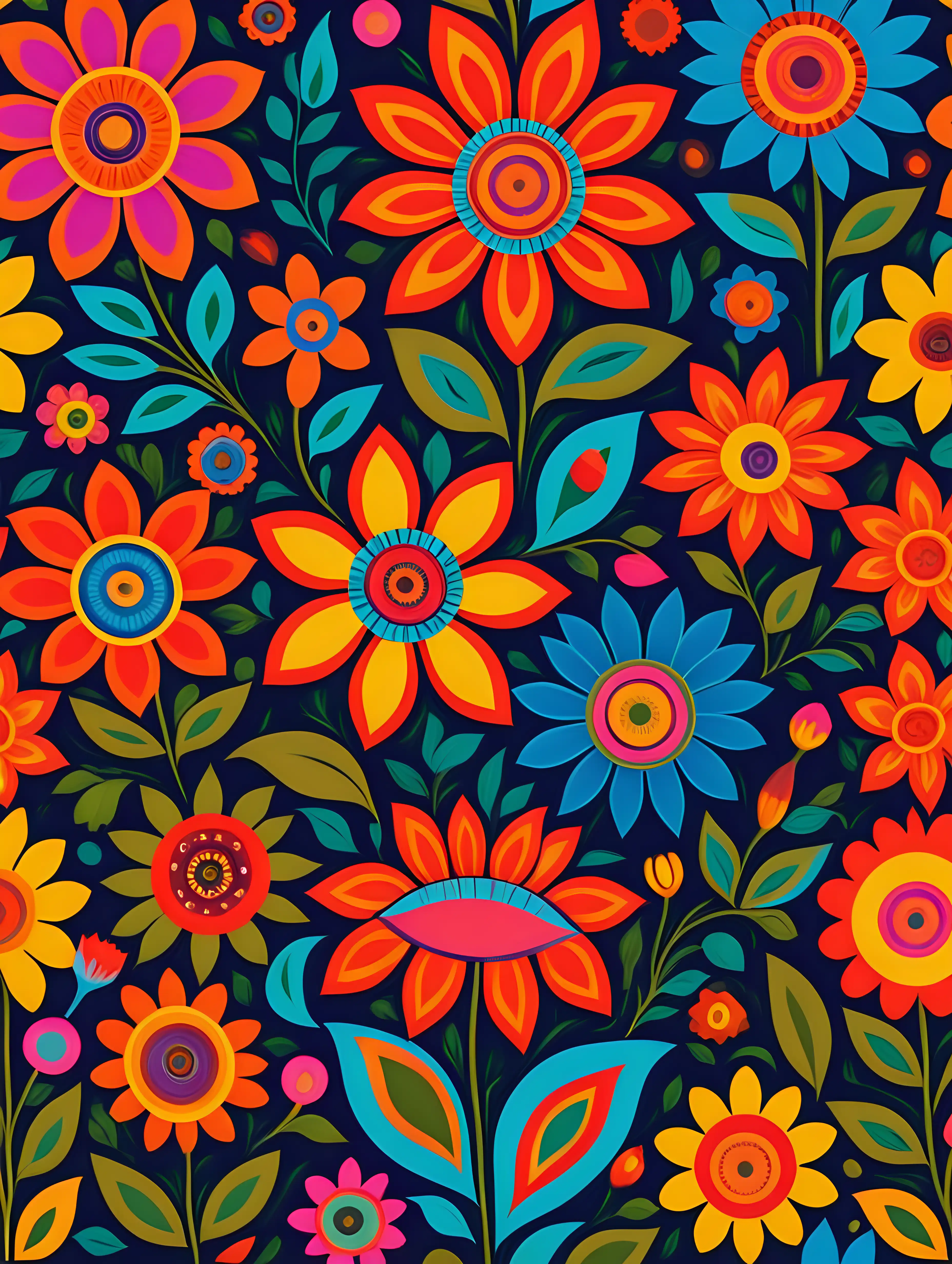 Bold Colorful Flowers in Folk Art Style