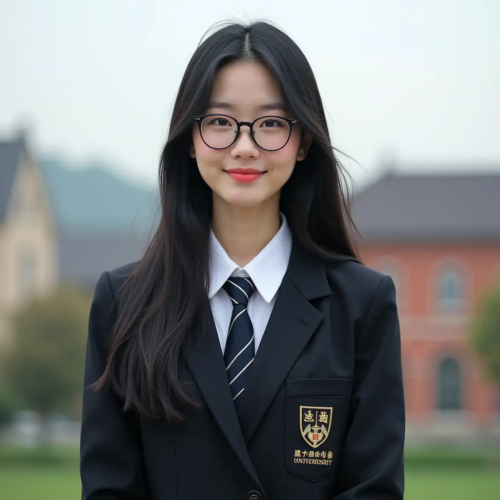 a female, Asian, young adult, normal body, silky black hair, wearing formal school clothes, with a university in the background.