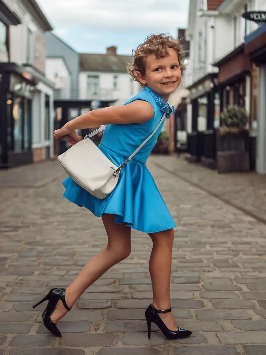 little young boy wearing blue mini skater dress and black high heels and staying in town and white smal leather shoulder bag and smiling and curly hair and long legs