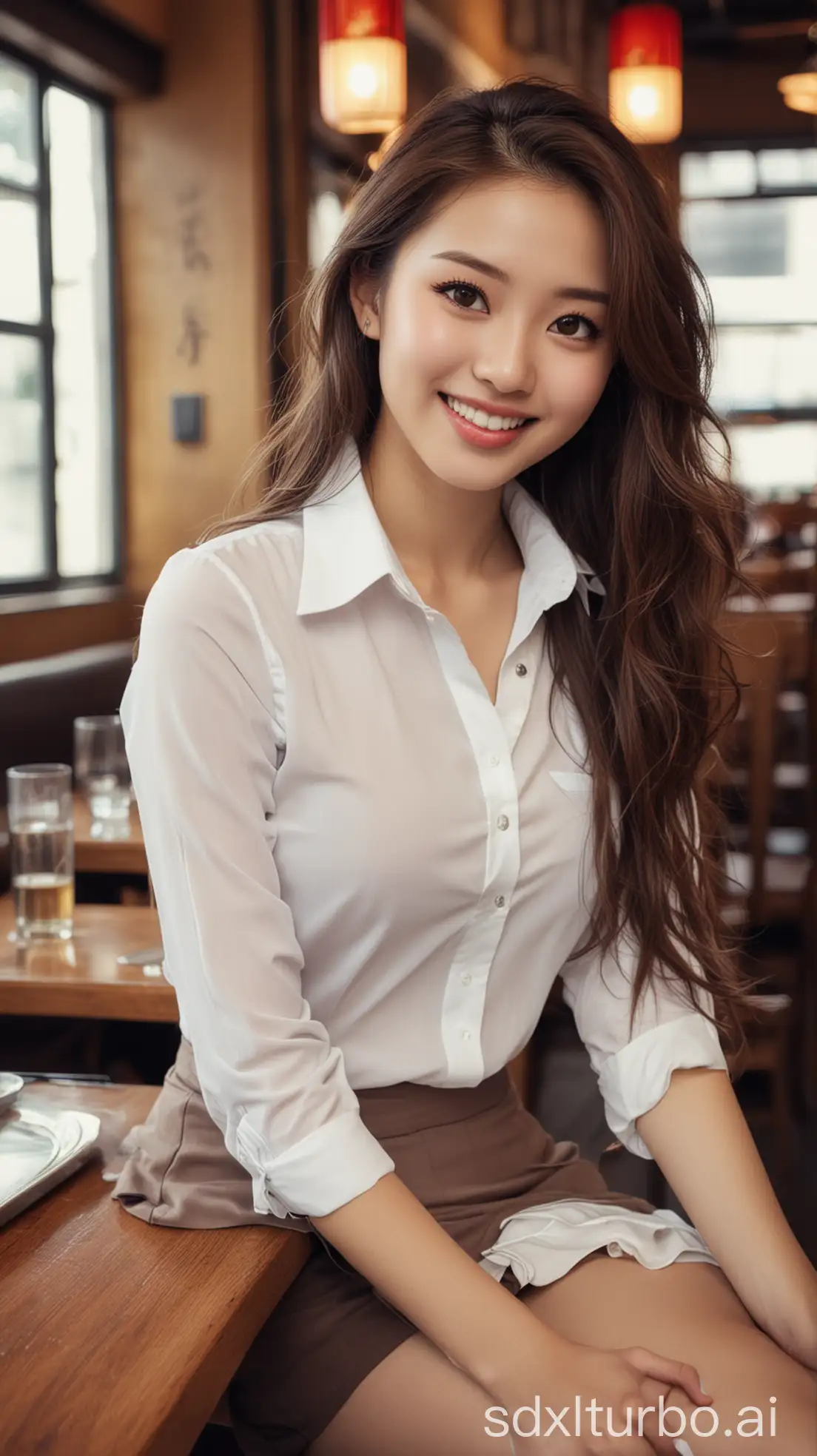 Chinese-Beauty-with-Sweet-Smile-in-Restaurant-Wavy-Hair-and-Stylish-Outfit