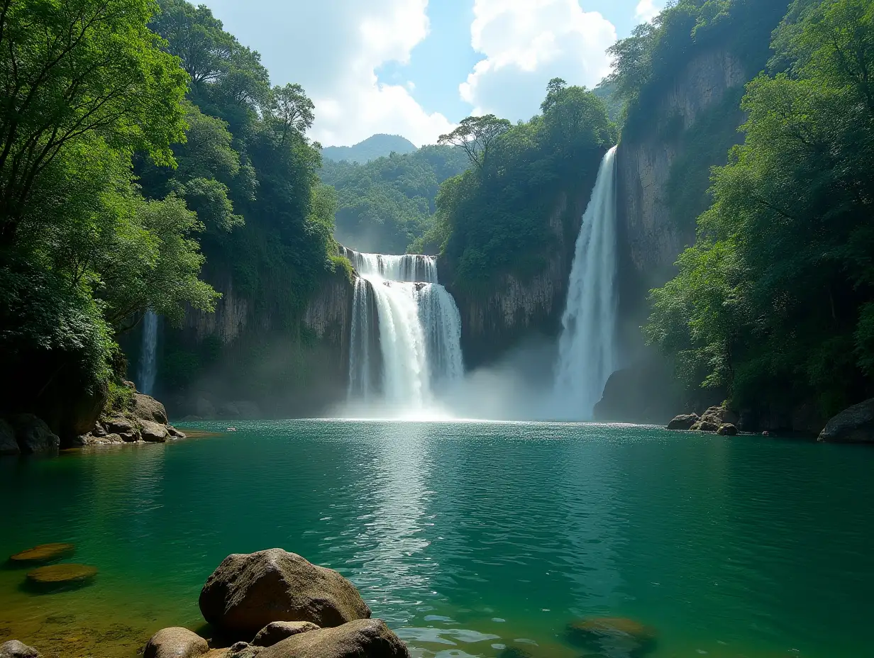 Panoramic-Landscape-of-Exotic-Waterfall-and-Lake-in-Rainforest