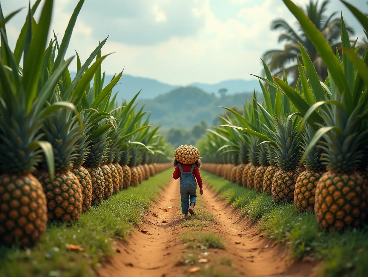 a beautiful small village with pineapple fruit plantation with tiny people carrying (pineapple fruits) quite large real photo triple exposure basic idea of something beautiful photo