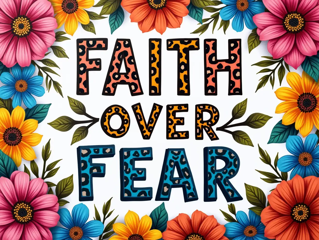 Vector, Oil painting. A vibrant floral pattern surrounds the phrase 'FAITH OVER FEAR' written in bold, colorful lettering. The lettering is stylized with intricate details and decorative flourishes. The flowers are in various shades of pink, blue, yellow, and orange, with leopard print accents. The image should have a bold, uplifting aesthetic with contrasting colors and detailed textures. Elements such as the petals of the flowers, the texture of the leopard print, and the decorative flourishes on the lettering should be clearly visible.