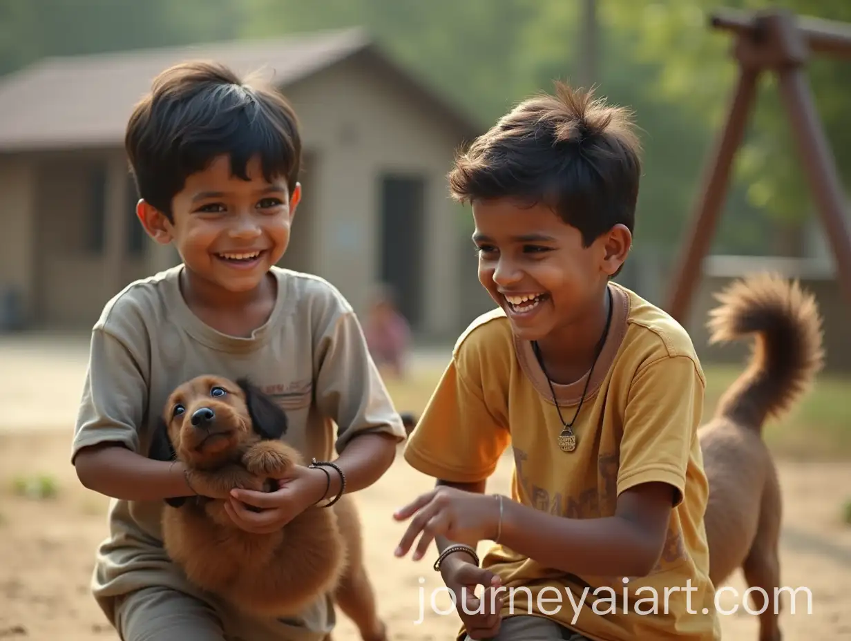 Two-Indian-Children-Playing-with-Dog-at-a-Farmhouse-in-Natural-Daylight