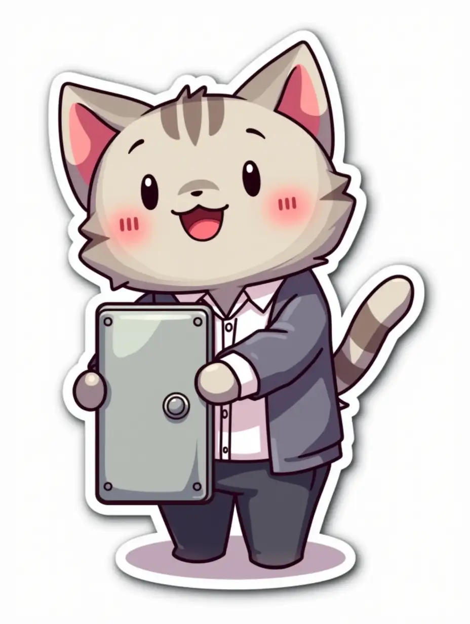 kawaii positive fluffy little gray cat in office clothes, Holding onto a large electric switch, vibrant and dynamic die cut sticker design  top-view, high resolution, vector art,  UV laminated, white background, paint in anime style