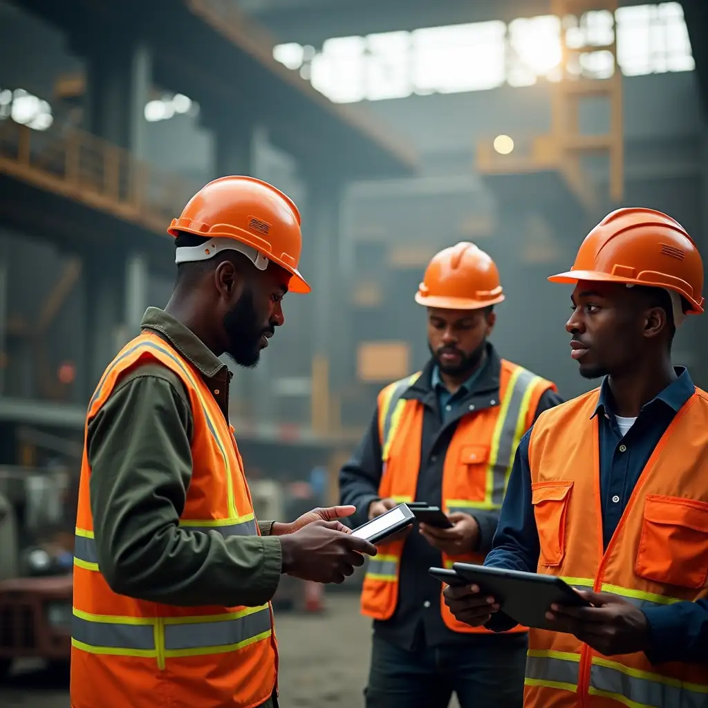 industrial sector: Create a professional image showing expert consultants collaborating with mining or industrial clients. Include elements like technical discussions, site visits, safety gear (helmets, vests), and digital tools (laptops, tablets, 3D models). The setting should reflect mining or industrial environments in Africa, highlighting teamwork, expertise, and problem-solving in consultancy services