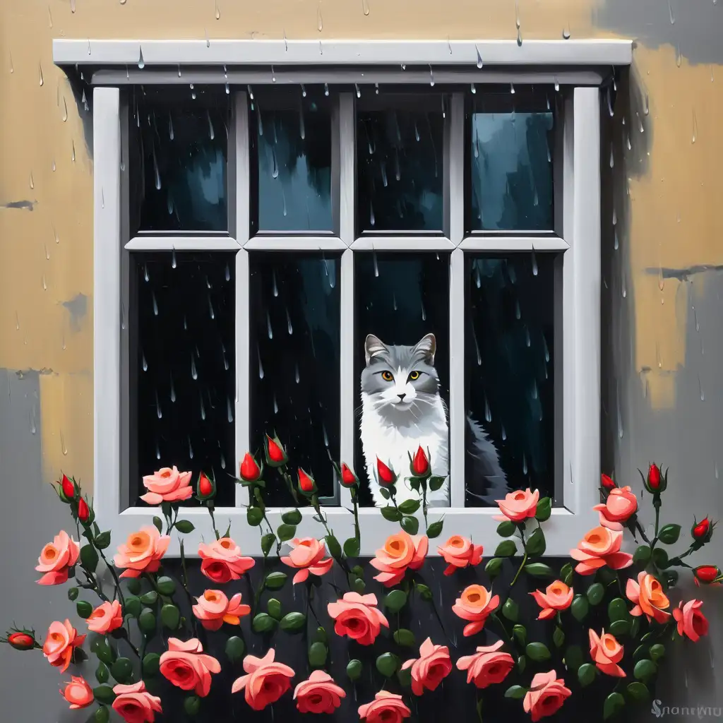 Rainy Day Roses Serene Oil Painting of Grey Wall Scene