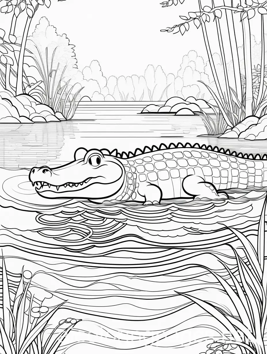 alligator in the river, Coloring Page, black and white, line art, white background, Simplicity, Ample White Space. The background of the coloring page is plain white to make it easy for young children to color within the lines. The outlines of all the subjects are easy to distinguish, making it simple for kids to color without too much difficulty