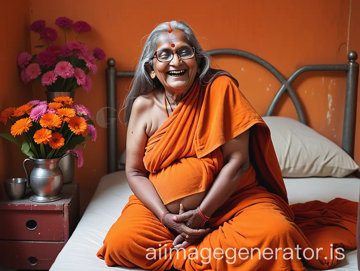 Joyful-Elderly-Hindu-Woman-Monk-Pregnant-in-Ashram-with-Gifts-and-Goat