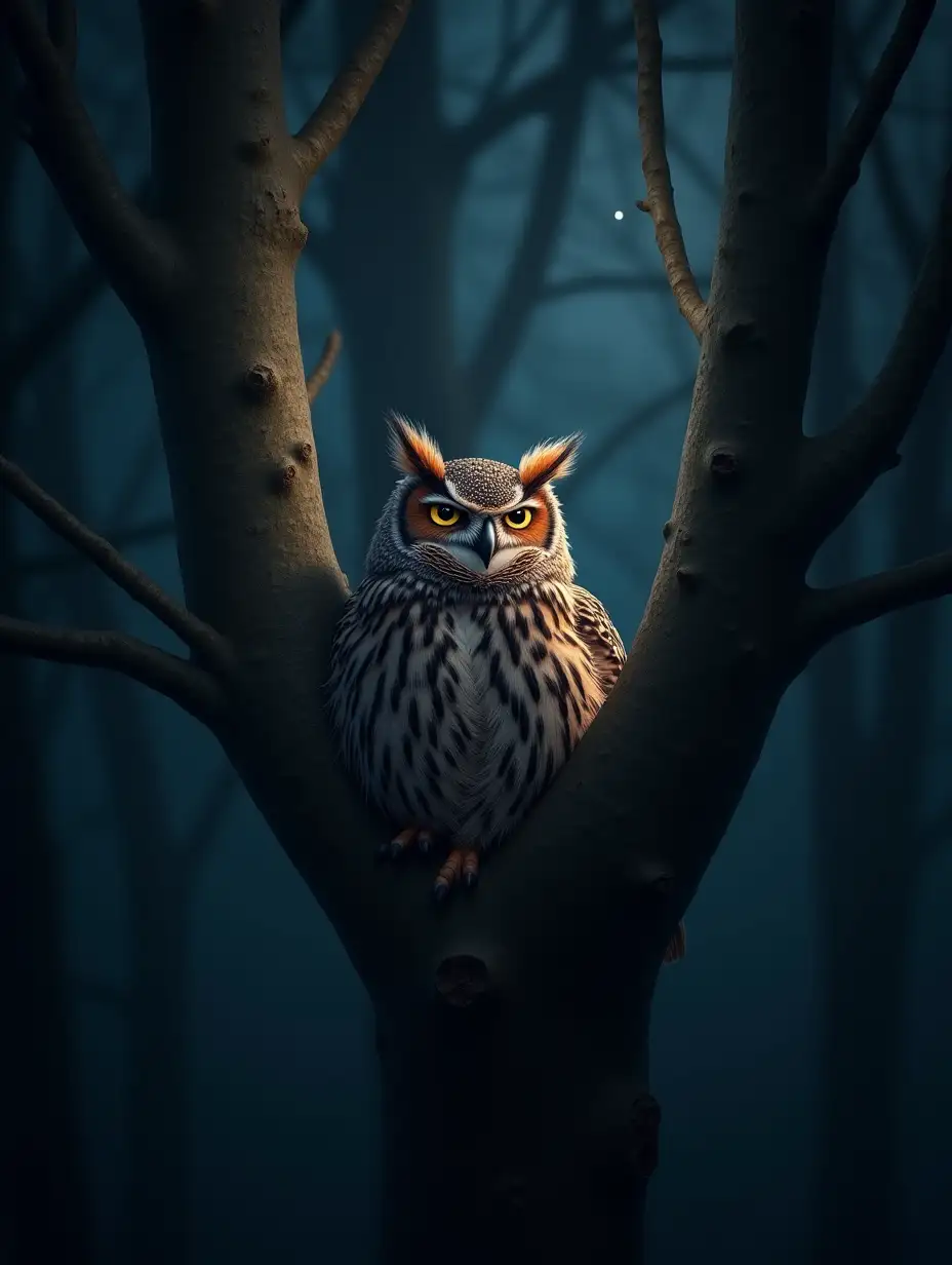 A realistic photo of a cat-owl hybrid nesting comfortably on a tree branch in the forest at night.