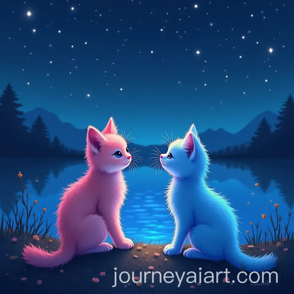 Two-Colored-Kittens-Watching-Stars-by-Glowing-Magical-Lake-at-Night