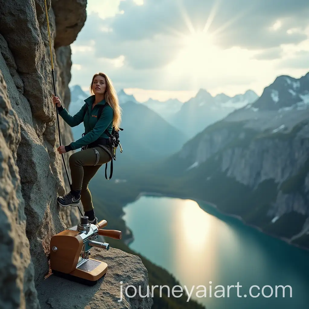 AI-Image-Prompt-ExpansionFemale-Rock-Climber-on-Granite-Cliff-with-Cherry-Senator-Espresso-Machine-in-Stunning-Mountain-Landscape