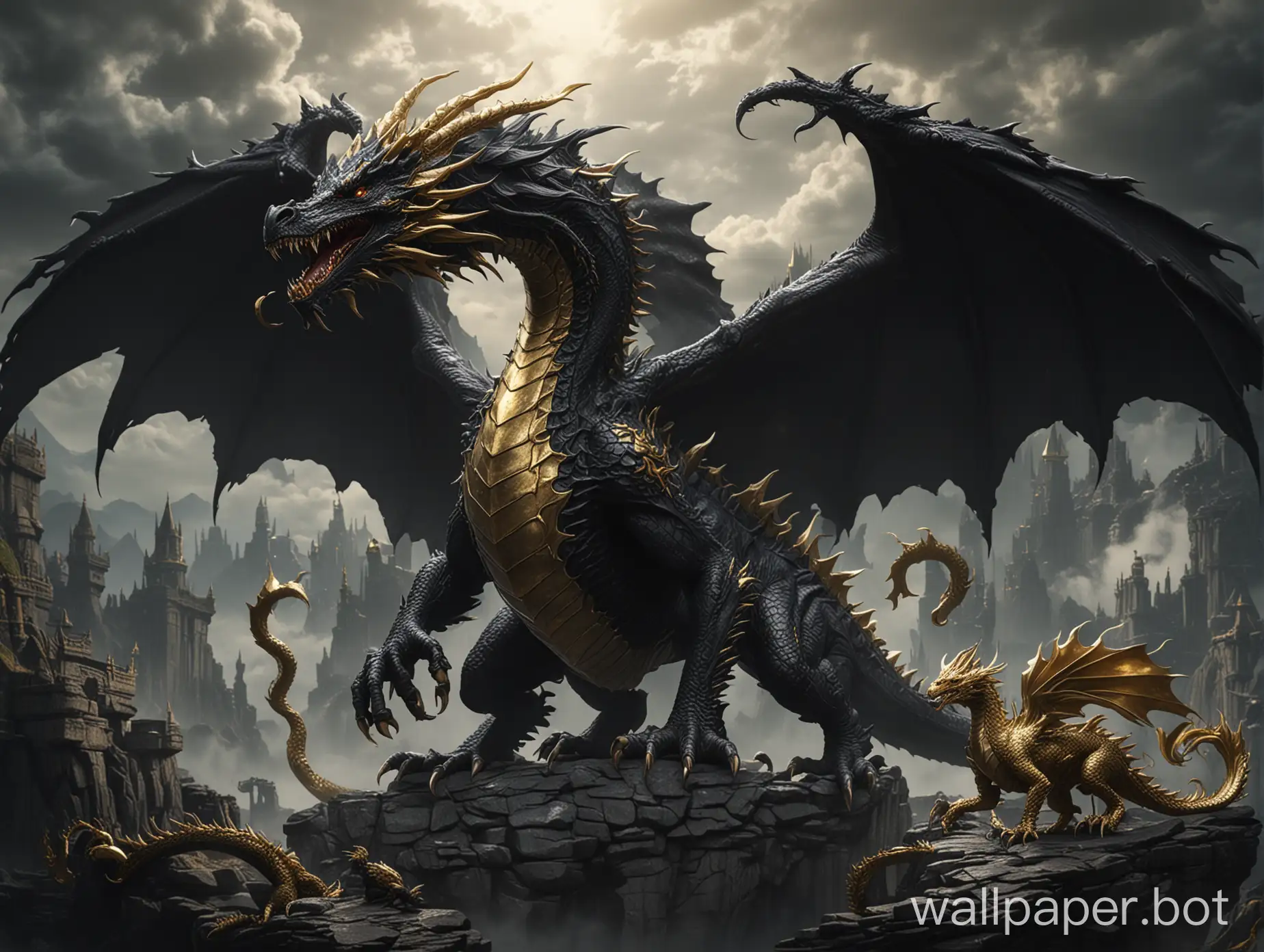 Giant-Pure-Black-Dragon-and-Small-Gold-Dragon-in-Epic-Battle