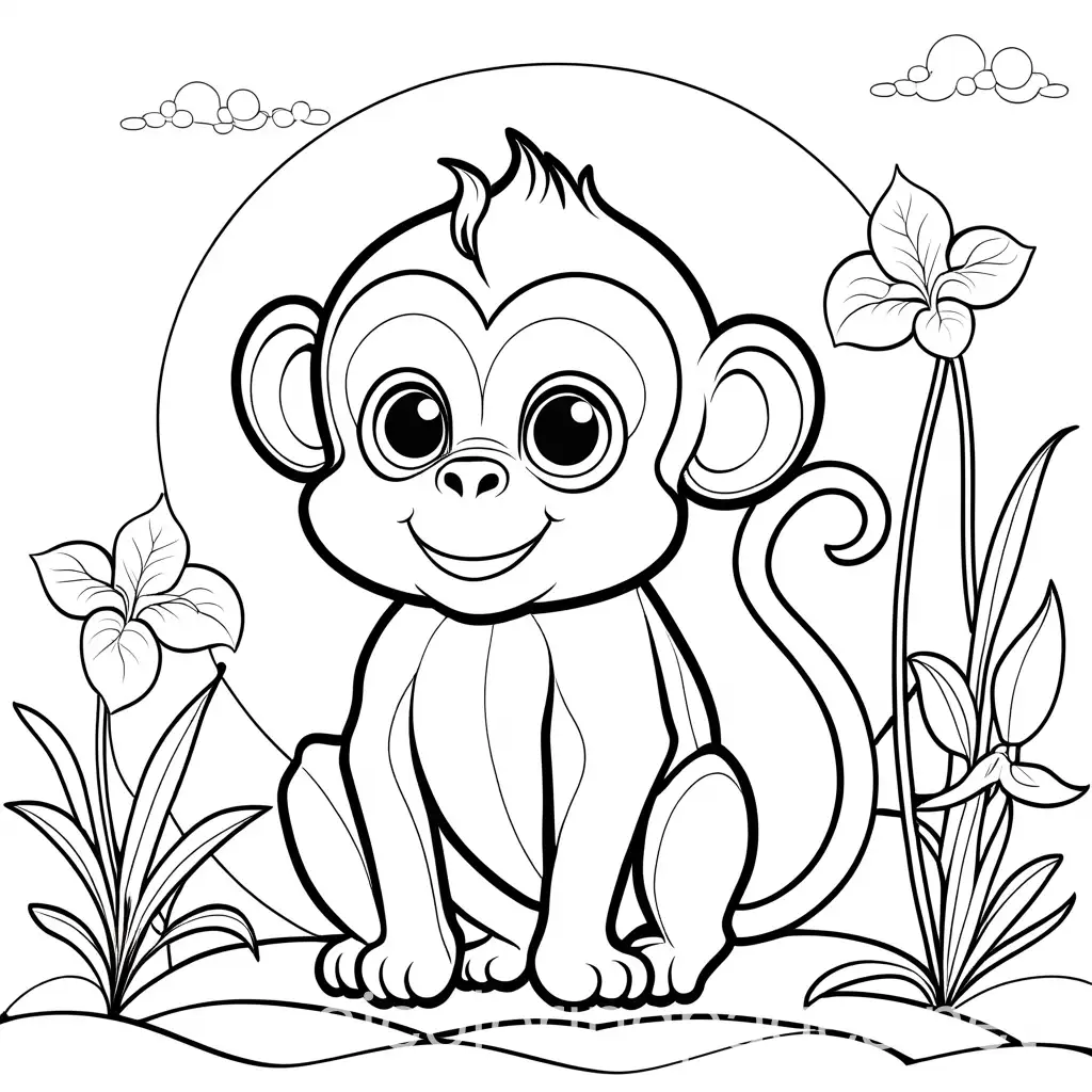 coloring book little monkey funny , Coloring Page, black and white, line art, white background, Simplicity, Ample White Space. The background of the coloring page is plain white to make it easy for young children to color within the lines. The outlines of all the subjects are easy to distinguish, making it simple for kids to color without too much difficulty, Coloring Page, black and white, line art, white background, Simplicity, Ample White Space. The background of the coloring page is plain white to make it easy for young children to color within the lines. The outlines of all the subjects are easy to distinguish, making it simple for kids to color without too much difficulty