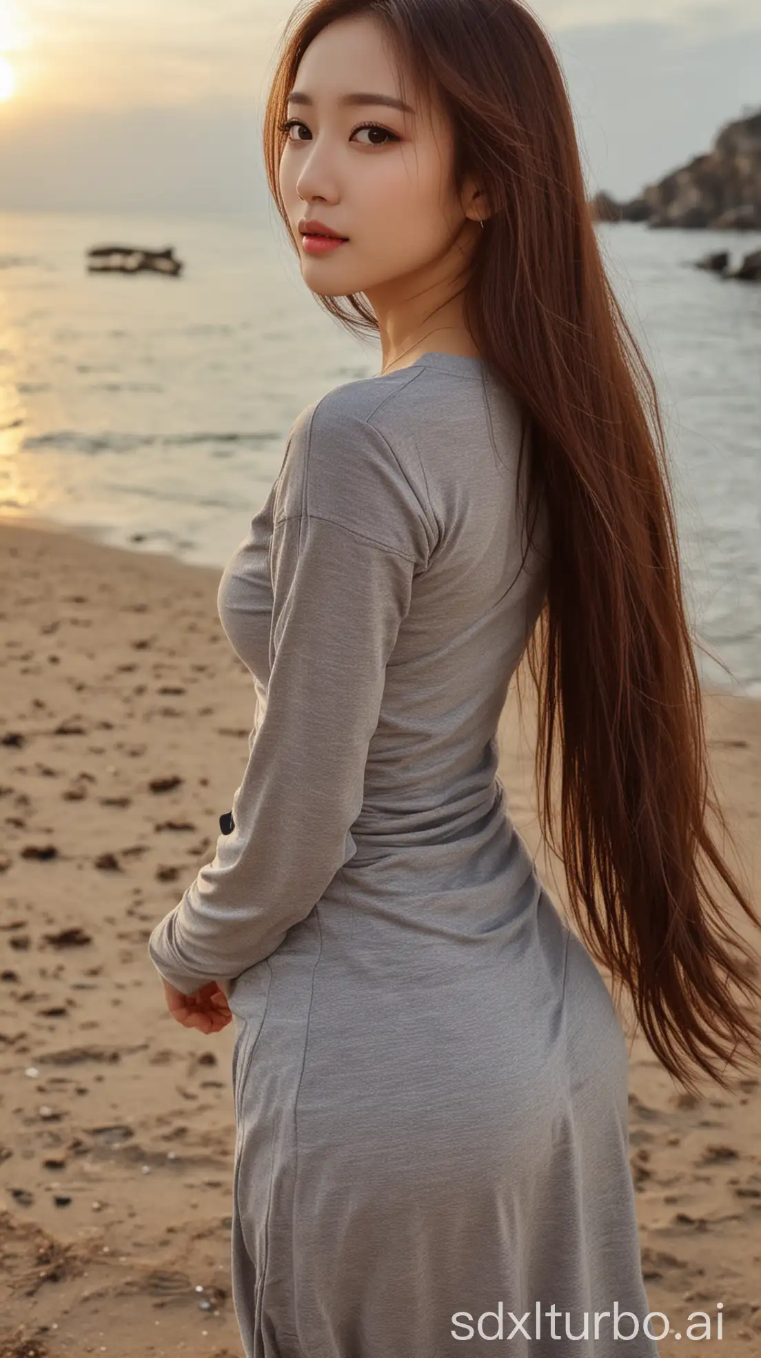 Chinese-Woman-in-Grey-Outfit-at-Winter-Sunset-on-the-Beach