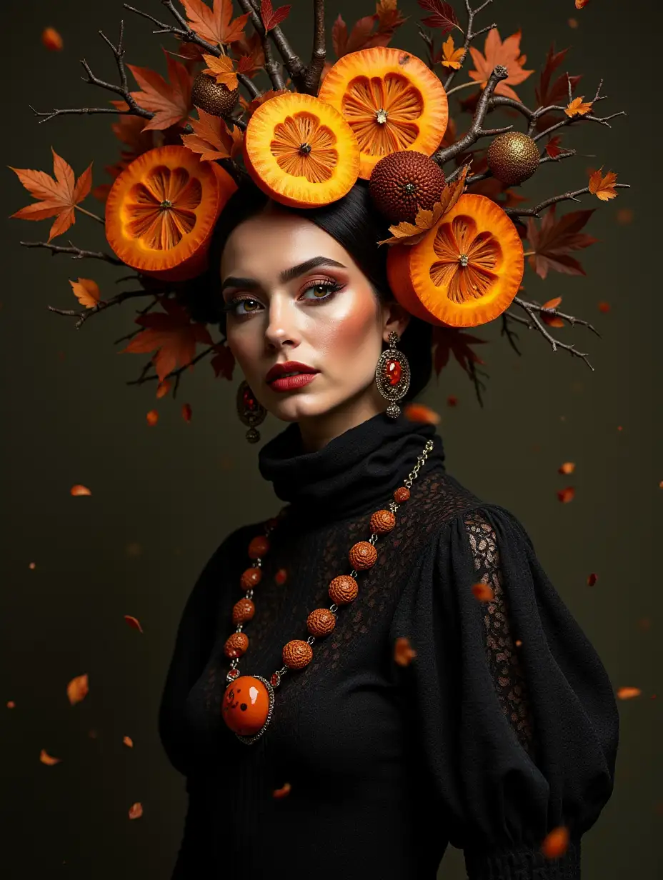 Black and orange splashes, Prima woman, dynamic pose, pumpkin slices, unusual black and orange outfit, pumpkin and autumn leaf decorations, eclecticism, Halloween, gold dust, neofolk, Zuhair Murad, High fashion, magic, artistic photography, fantastic headdress made of pumpkin slices and tree twigs, massive jewelry made of amber and black agate, high detail, contrast ratio, sharpness +100, focusing on the eyes, body and face contour