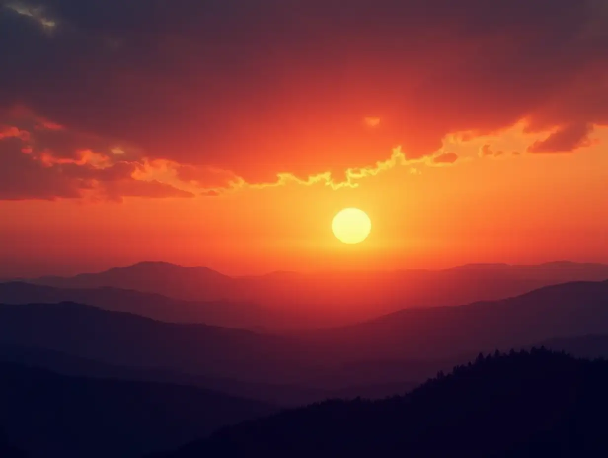 A stunning sunset over mountains, high-resolution, ultra-realistic, detailed sky and mountain silhouettes, warm and dramatic colors, --ar 16:9